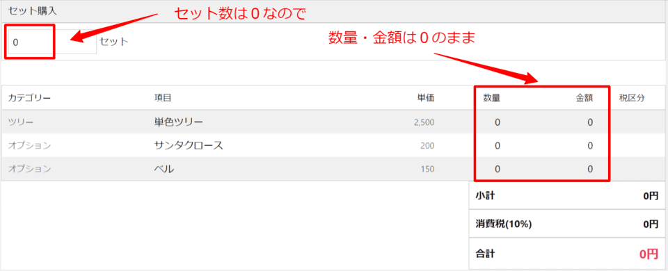 セット購入が可能なフォーム(実装後➝セット数0の場合)