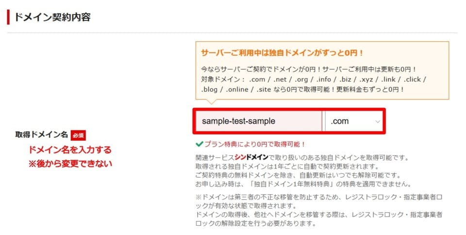 シン・レンタルサーバーでドメインの契約内容を入力